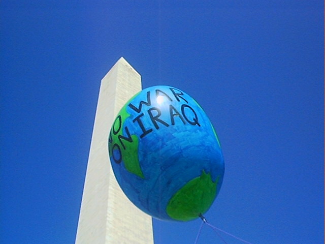 Protest balloon in front of the monument.